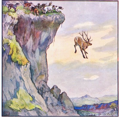 雄鹿は下の奈落の底に落ちた (カラーリソ) 作： John Edwin Noble