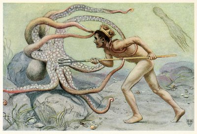彼は非常に勇敢で強かった…そして 1909 年の The Great Sea Horse の巨大なタコと戦った. 作： John Elliot