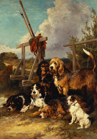 橋でカワウソの猟犬-疲れた、1881 作： John Emms