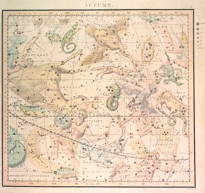 Mapa celeste: Outono, mostrando os signos do zodíaco e as posições das estrelas (gravura) 作： John Emslie