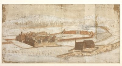 追加。 78610.(h) 西の角から庭、洞窟、周辺を望むウォットンの眺め、1650 年頃 (クレヨンとウォッシュを使ったペンとインク) 215×435mm  ジョン・エヴリン  1650年代？ 作： John Evelyn