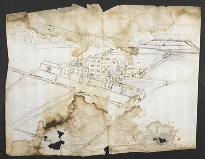 追加。 78610（i）北西からの庭、洞窟、周辺を備えたウォットンの展望、1650年頃（紙にペンとインク） 作： John Evelyn