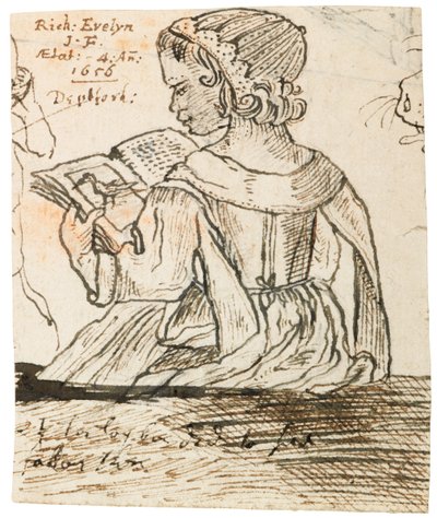 自然史の本を読んでいるリチャード・イブリン、デプトフォード、1656 作： John Evelyn