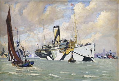 アメリカ軍の輸送船団をテムズ川へ運ぶ補助武装巡洋艦（イギリス） 作： John Everett
