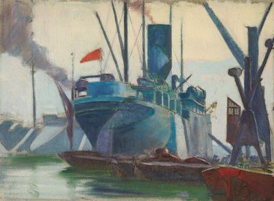ロンドン波止場の眩惑する船、1915-18年頃（油彩・紙） 作： John Everett