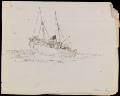 PAH1228; 戦艦と他の2隻の英国海軍艦艇のスケッチ（ドローイング） 作： John Everett