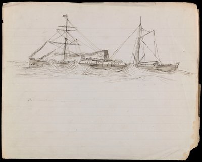 PAH1228; 戦艦と他の2隻の英国海軍艦艇のスケッチ（ドローイング） 作： John Everett