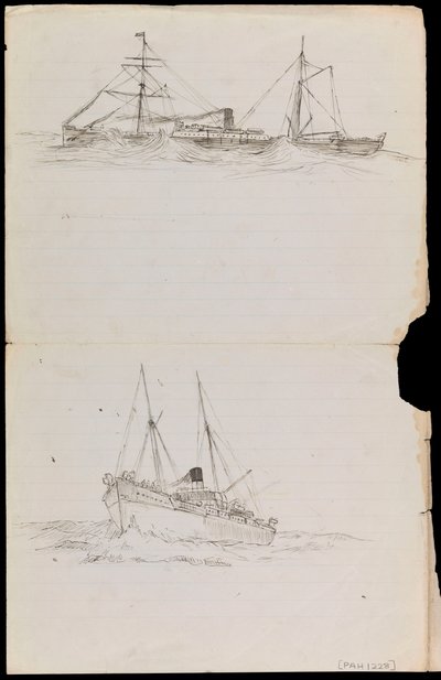 PAH1228; 戦艦と他の2隻の英国海軍艦艇のスケッチ（ドローイング） 作： John Everett