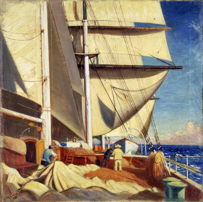 1920年4月から6月にかけて、ブリストルからテキサス州サビーン・パス（アメリカ合衆国）へ向かう「ブリックデール号」の帆の修理。 作： John Everett