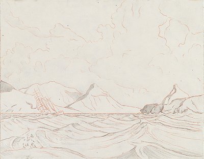 陸地を通過する船のある海景（1）、20世紀初頭（黒鉛、茶色のクレヨン） 作： John Everett