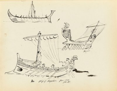 ローマ時代の帆と櫂の船、紀元前500年のオデュッセウスの船など、初期の船のスケッチ（壺から）、20世紀初頭（ペン、黒インク） 作： John Everett