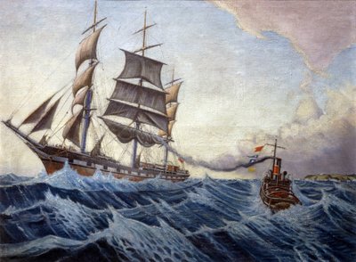 1898年12月から1899年4月にかけて、イギリスのロンドンとオーストラリアのシドニーを往復した「イキケ号」とタグボート「ウォーリア号」。 作： John Everett