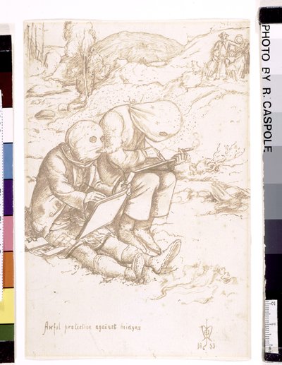 ミッジに対するひどい保護、1853年（紙にペンと茶色のインク） 作： John Everett Millais