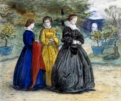 「スコットランド女王メアリー・スチュアート(1542-1587)またはスコットランド女王メアリー1世とその従者。ジョン・エヴァレット・ミレイ（1829-1896）（前グラファイト）作 作： John Everett Millais