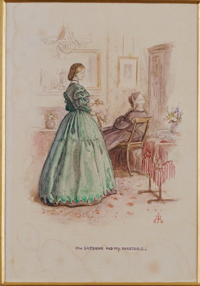 グレシャム夫人とダンステーブル嬢：「フラムリー牧師館」への挿絵、1861 作： John Everett Millais