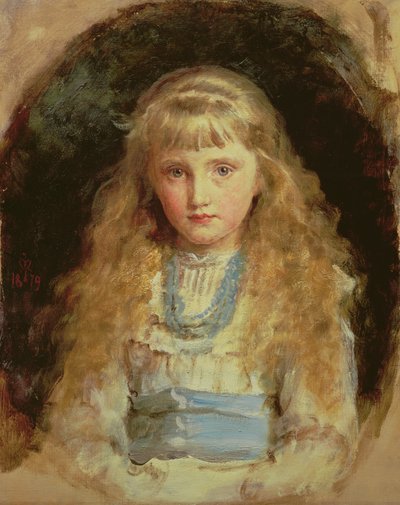 青いサッシュの白いドレスを着ているベアトリスケアードの肖像 作： John Everett Millais