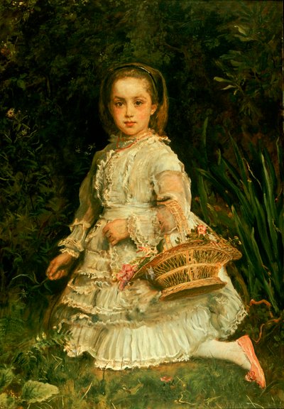 グラシアの肖像、全身、白いドレスを着て、野生の花を摘む 作： John Everett Millais