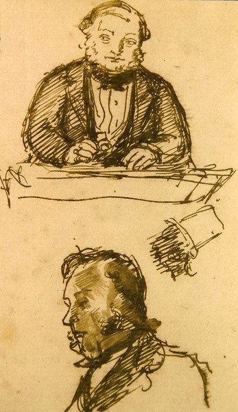 The Auctioneer（紙にペンとインク） 作： John Everett Millais