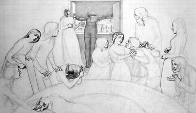 大洪水の前夜、1850年頃（紙に鉛筆、ペン、インク） 作： John Everett Millais
