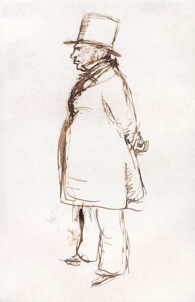 王立アカデミーのニス塗りの日にターナー (白い紙にペンと茶色のインク) 作： John Everett Millais