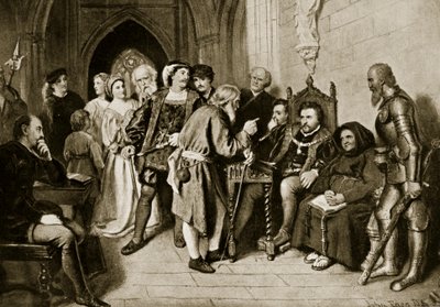 1513年のフロデンの戦い前の評議会のジェームズ4世、「ハッチンソンのイギリス国民の物語」、1923年頃のイラスト 作： John Faed