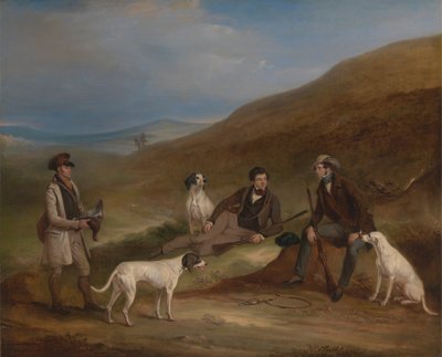 Edward Horner Reynard ja hänen veljensä George Grouse ampuvat Middlesmoorissa Yorkshiressa riistanhoitajansa Tully Lambin kanssa 作： John Ferneley