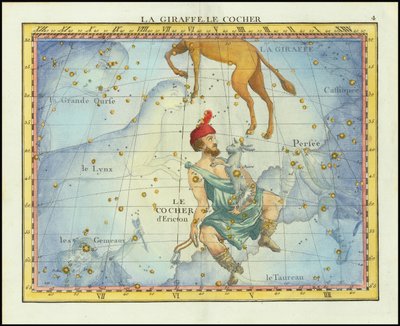 1776年、フォルタンのアトラス・セレスト・ド・フラムスティードより、かまくら座、ぎょしゃ座、および近隣の星座の星図 作： ジョン・フラムスティード