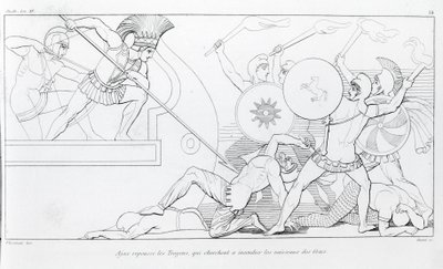 エイジャックスは、ギリシャの船を焼こうとするトロイア人を撃退します。ジョン・フラクスマン（1755〜1826）の作画。ホメロスの『イーリアス』。歌唱 XV. 作： John Flaxman