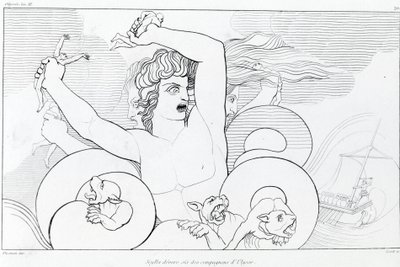 チャリュブデとスキュラのエピソード：ユリシーズの仲間のうち6人が食われる。ジョン・フラクスマン（1755-1826）の作画。ホメロスの『オデュッセイア』。Song XII. 作： John Flaxman