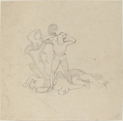 屍の上に立って角笛を吹く姿 作： John Flaxman