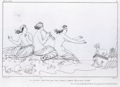 人魚は歌でユリシーズを惹きつけようとする。ジョン・フラクスマン（1755-1826）の作画。ホメロスの「オデュッセイア」。歌 XII. 作： John Flaxman
