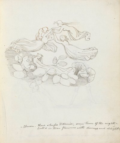 オベロン。チタニアが眠る、ある夜の時間...、1783（紙にペン、インク、ウォッシュ） 作： John Flaxman