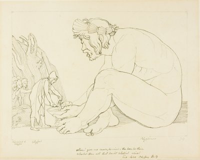 ユリシーズにワインをねだるポリュペムス 作： John Flaxman