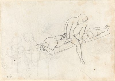 横たわっている 2 人の人物に挟まれた座っている男性。 左下隅の数字の群れ 作： John Flaxman