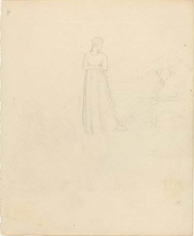 リクライニングと座っている人物を見て立っている女性の人物 作： John Flaxman