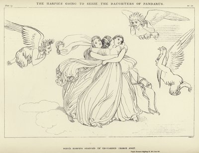 ハーピーはパンダラスの娘をつかまえようとしています 作： John Flaxman