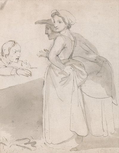 カウンターで男性と話している 2 人の女性 作： John Flaxman