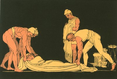 フェアキアの船乗りたちが自分の海岸に寝かせた眠っているユリシーズ 作： John Flaxman
