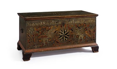 1799年、米国ペンシルベニア州ランカスター郡ラフォタウンシップのバーバラスタウファーのために作られた装飾されたブランケットチェスト 作： John Flory