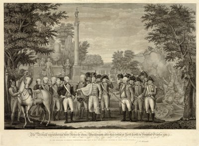 1781年10月、バージニア州ヨークタウンでの敗戦後、ワシントン元帥に武器を明け渡す英国人。1819年（彫刻）。 作： John Francis (after) Renault