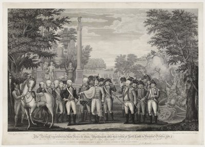 イギリス軍は1781年10月にバージニア州のヨークタウンで敗北した後、武器をGen：Washingtonに降伏させた。 作： John Francis (after) Renault
