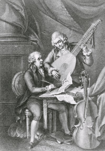 リューツのための音楽を構成するフランツジョセフハイドン（1732-1809）とヴォルフガングアマデウスモーツァルト（1756-91）の肖像、ミケーレベネデッティ（1745-1810）の彫刻 作： John Francis Rigaud