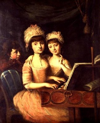 ホンジュラス知事の子供たちの肖像、スピネットの前に立つ2人の少女と1人の少年 作： John Francis Rigaud