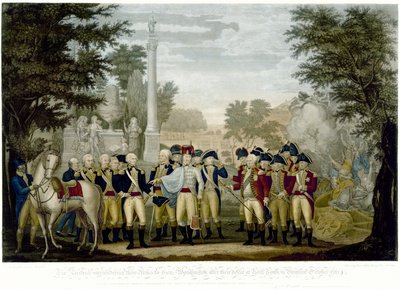 1819年10月、バージニア州のヨークタウンで敗北した後、イギリス軍は腕をワシントン将軍に降伏させた（811年10月）（手描きの銅版画） 作： John Francis Renault