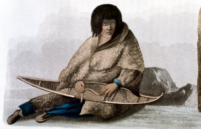 1823年の雪靴を修理する銅のインドの少女 作： John Franklin
