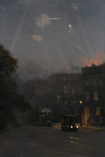 ツェッペリンの空襲、1915年10月8日、1915-18年頃（キャンバスに油彩） 作： John Fraser