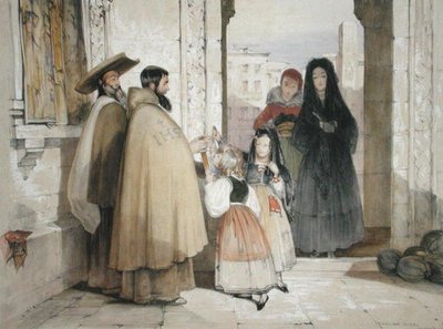 施しを受ける托鉢僧たち（「スペインのスケッチ」より） チャールズ・ジョセフ・ハルマンデル（1789-1850）の彫刻、1836年発行（カラーリトグラフ 作： John Frederick (after) Lewis