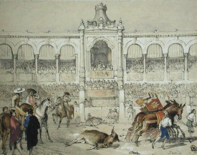 セビリアの闘牛。シャルル・ジョセフ・ハルマンデル（1789-1850）が彫った「スペインのスケッチ」から、1836年に出版されたカラーリトグラフ。 作： John Frederick (after) Lewis