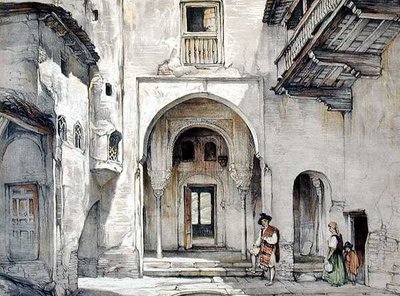 アルハンブラ宮殿のスケッチとデッサン」より「モスクの入り口」、William Gauci (fl.1825-54)の彫刻。 作： John Frederick (after) Lewis