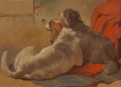 ハンティング コートに座っているハウンドとビアデッド コリー 作： John Frederick Herring